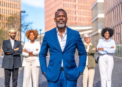 Portrait of a mature african american businessman and work team standing outdoors in a sunny day next to a financial building